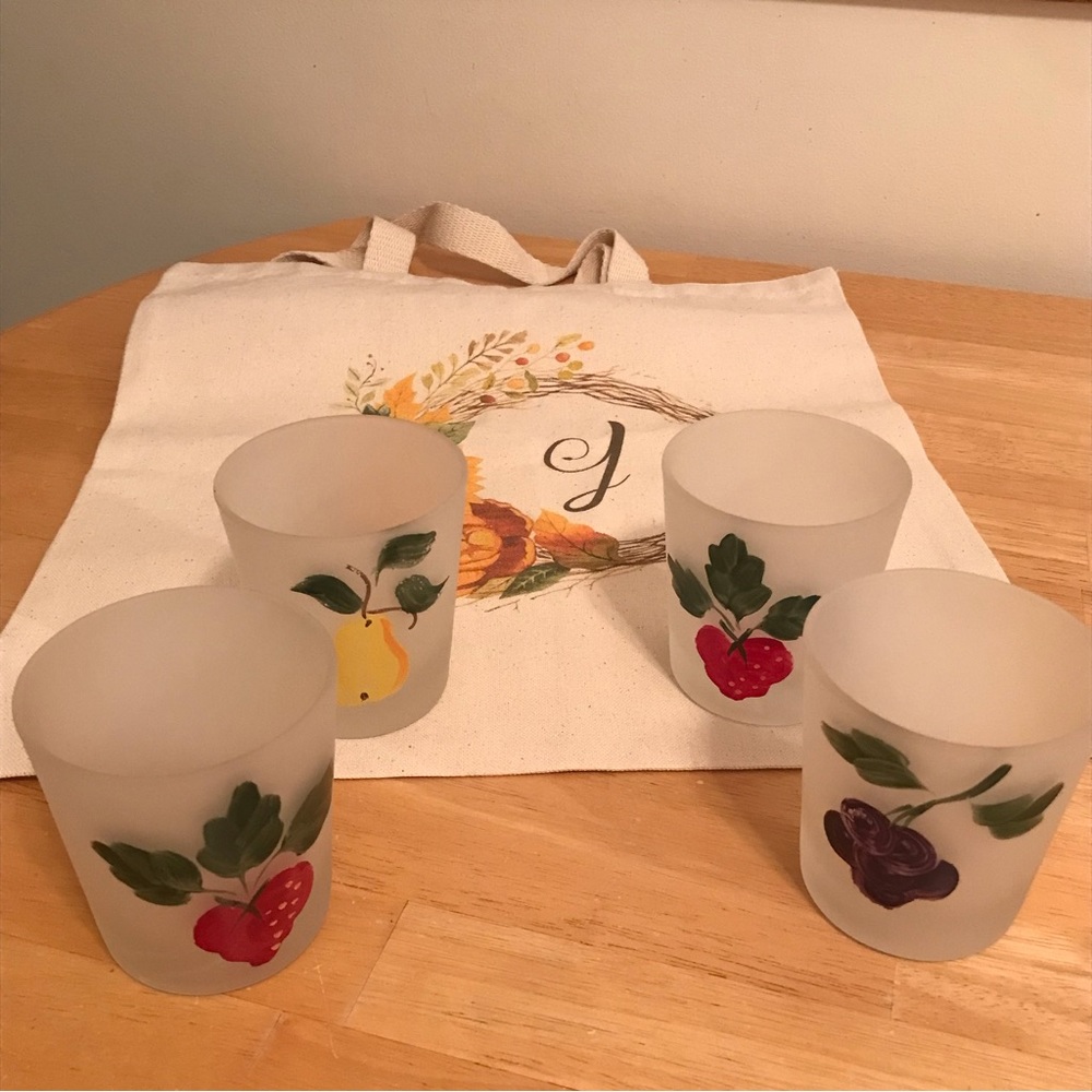 Vintage Federal Frosted Glass Hand Painted Fruit Juice Glasses Set of 4